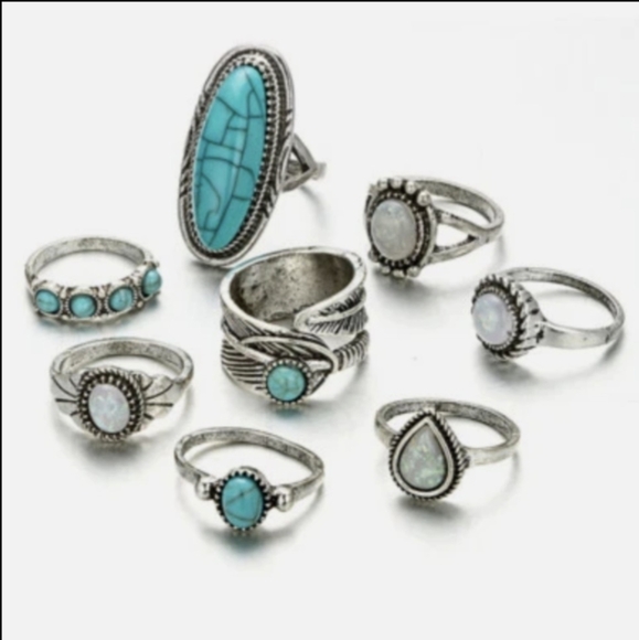 Bohemian Ring Set Rodeo Style Jewelry Blue White Silvery Statement Boho Rings - Picture 8 of 11